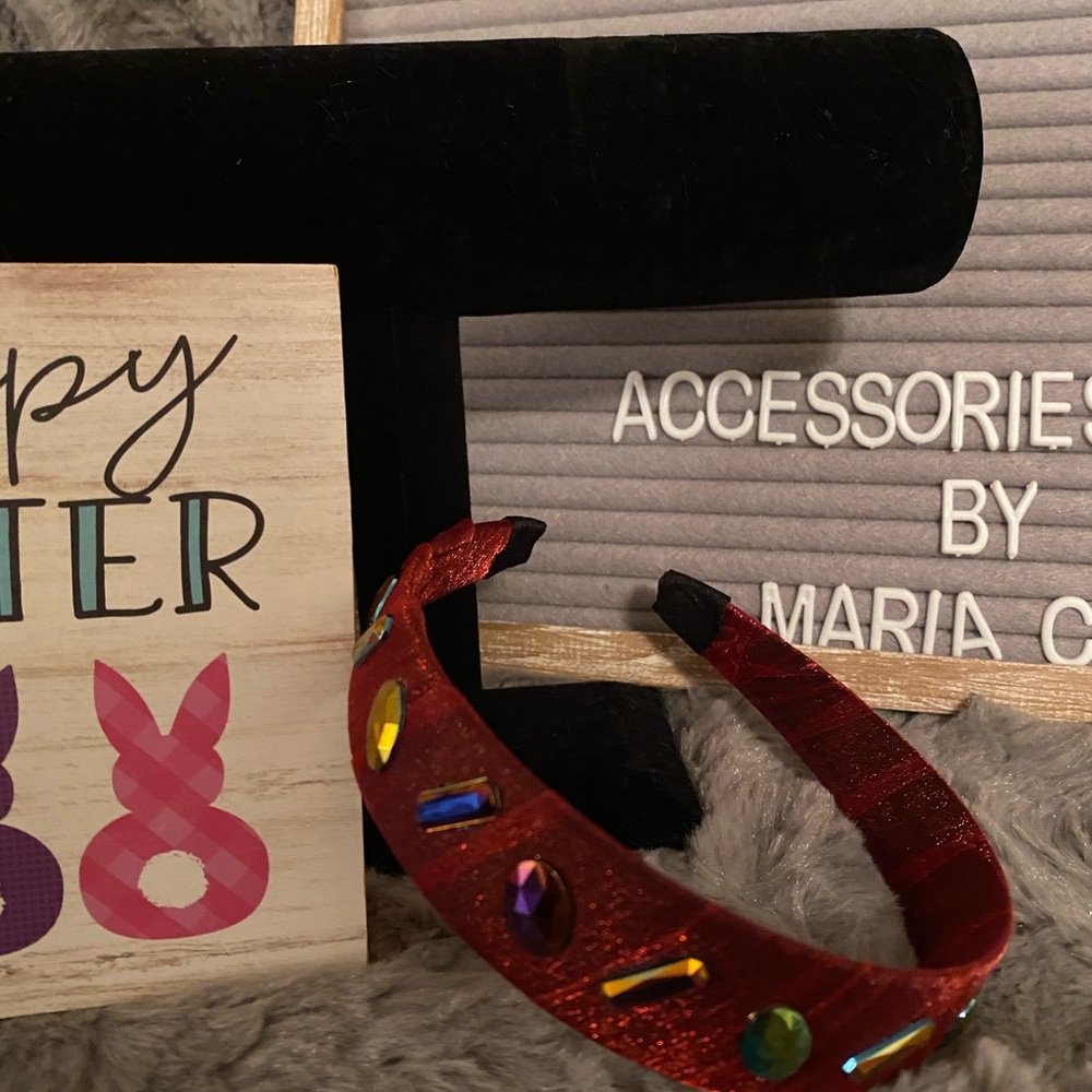 Sheer Red headband with oilspilled gems.